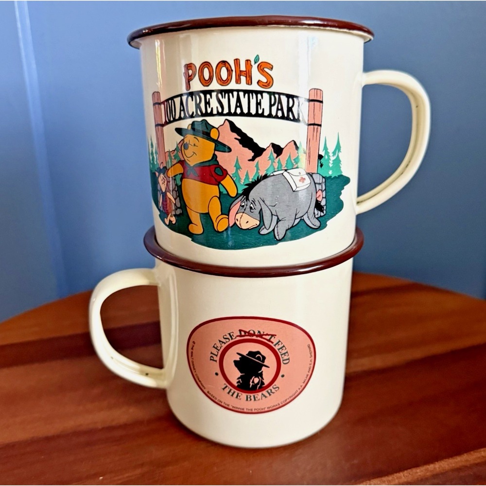 Disney Winnie The Pooh 100 Acre State Park Metal Camp Mug‎ Set Please Feed Bears